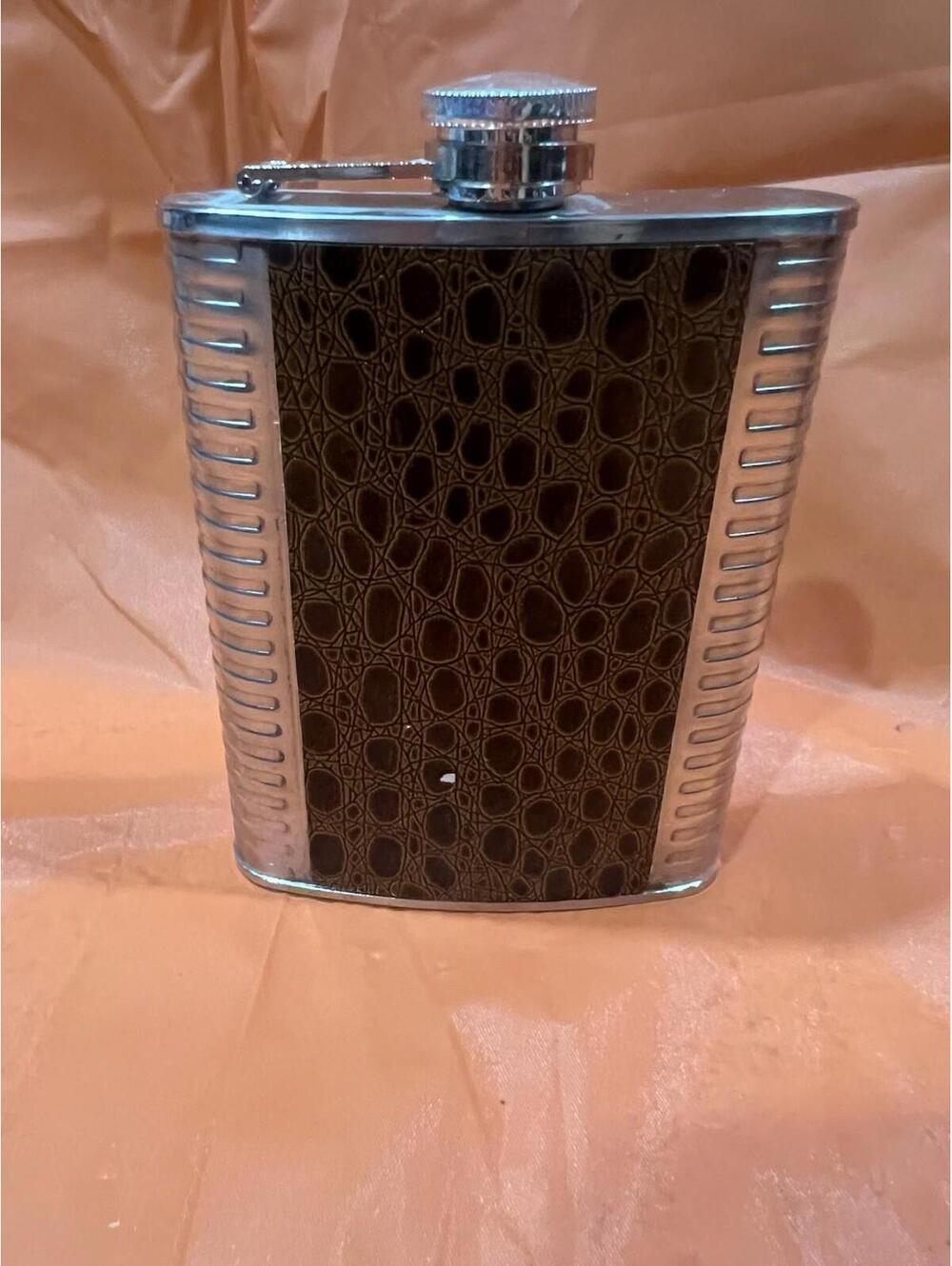 Brown Faux-Leather Wrap Stainless Steel Hip Flask (8 oz.)